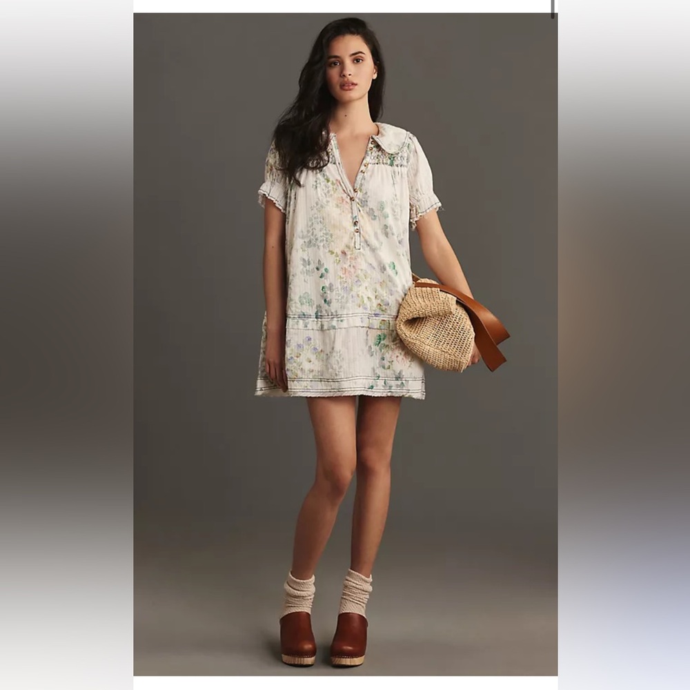 Anthropologie The Findley Puff-Sleeve Collared Mini Dress by Pilcro
